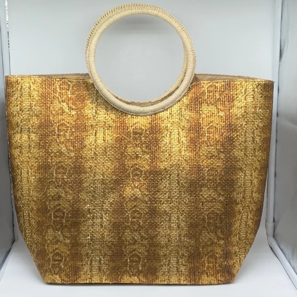 Magid METALLIC BRONZE SNAKESKIN PATTERN STRAW TOTE BAG WITH CIRCLE HANDLE
